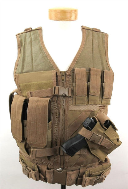 NcStar Military Cross Draw Vest w/ Integrated Holster - (TAN XL-2XL)
