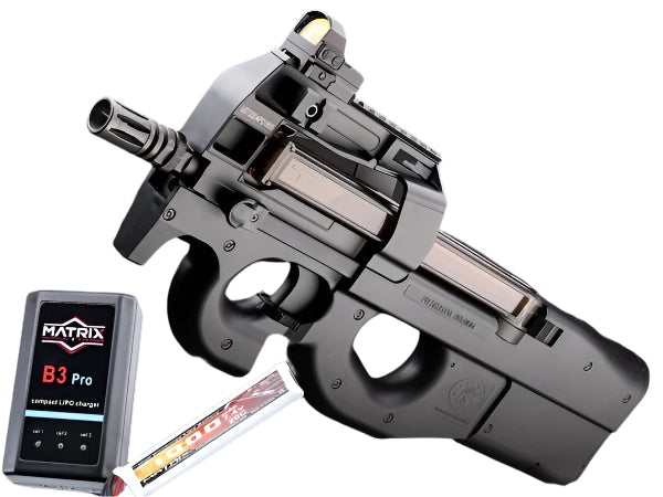 FN Herstal Licensed P90 Full Size Metal Gearbox Airsoft AEG (Color: Black / Add 7.4v LiPo Battery + BMS Charger + LiPo