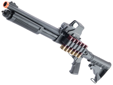 Golden Eagle M870 3-Round Burst Multi-Shot Shell Loading Airsoft Shotgun (Tactical Retractable Stock w/ RIS Mount Shell Caddy)