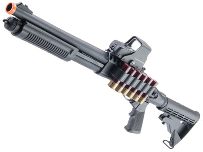 Golden Eagle M870 3-Round Burst Multi-Shot Shell Loading Airsoft Shotgun (Tactical Retractable Stock w/ RIS Mount Shell Caddy)