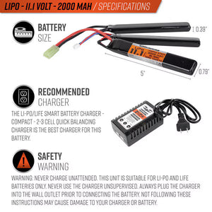 Valken LiPo 11.1v 2000mAh 15C/25C Triple Split Airsoft Battery (Small Tamiya)