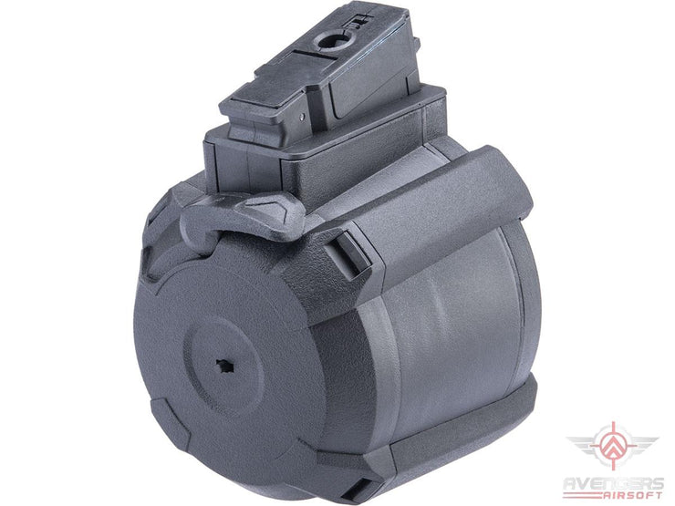 Avengers 1200 Round Electric Drum Magazine for Airsoft AEG Rifles (Model: AK - Black / Button)