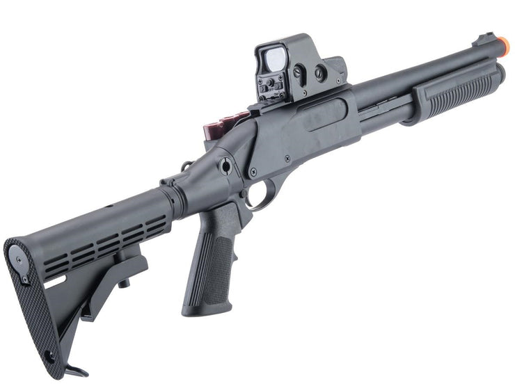 Golden Eagle M870 3-Round Burst Multi-Shot Shell Loading Airsoft Shotgun (Tactical Retractable Stock w/ RIS Mount Shell Caddy)