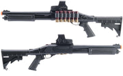 Golden Eagle M870 3-Round Burst Multi-Shot Shell Loading Airsoft Shotgun (Tactical Retractable Stock w/ RIS Mount Shell Caddy)