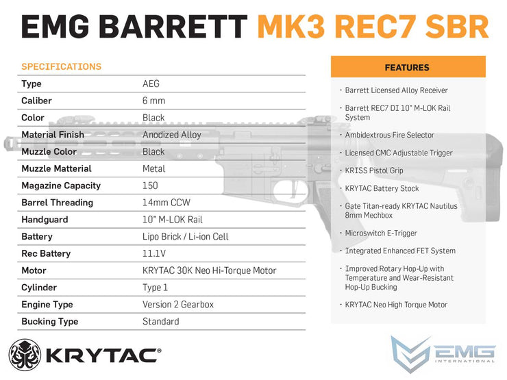 EMG / KRYTAC / BARRETT Firearms Licensed REC7 MK3 Airsoft AEG Rifle (Model: SBR / 350 FPS)