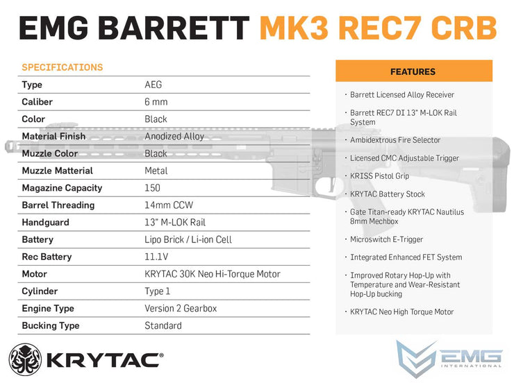 EMG X Krytac Barrett Firearms Licensed REC7 MK3 Airsoft AEG Rifle (Model: Black Carbine / 400 FPS / Gun Only)